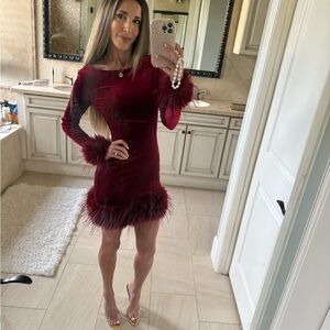 REVOLVE Deep Red Feather-Trim Dress